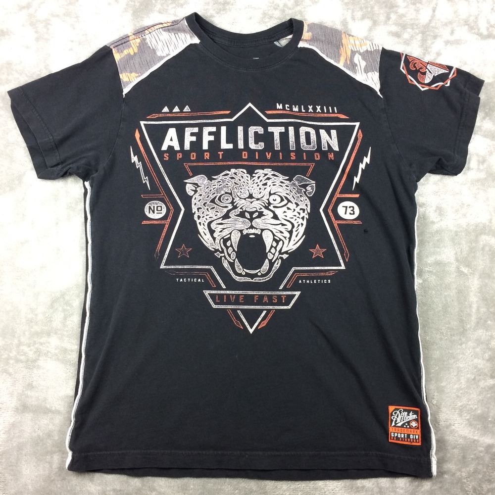 Affliction Sport T Shirt Mens Large Graphic Distressed Faded Black Holes Grunge